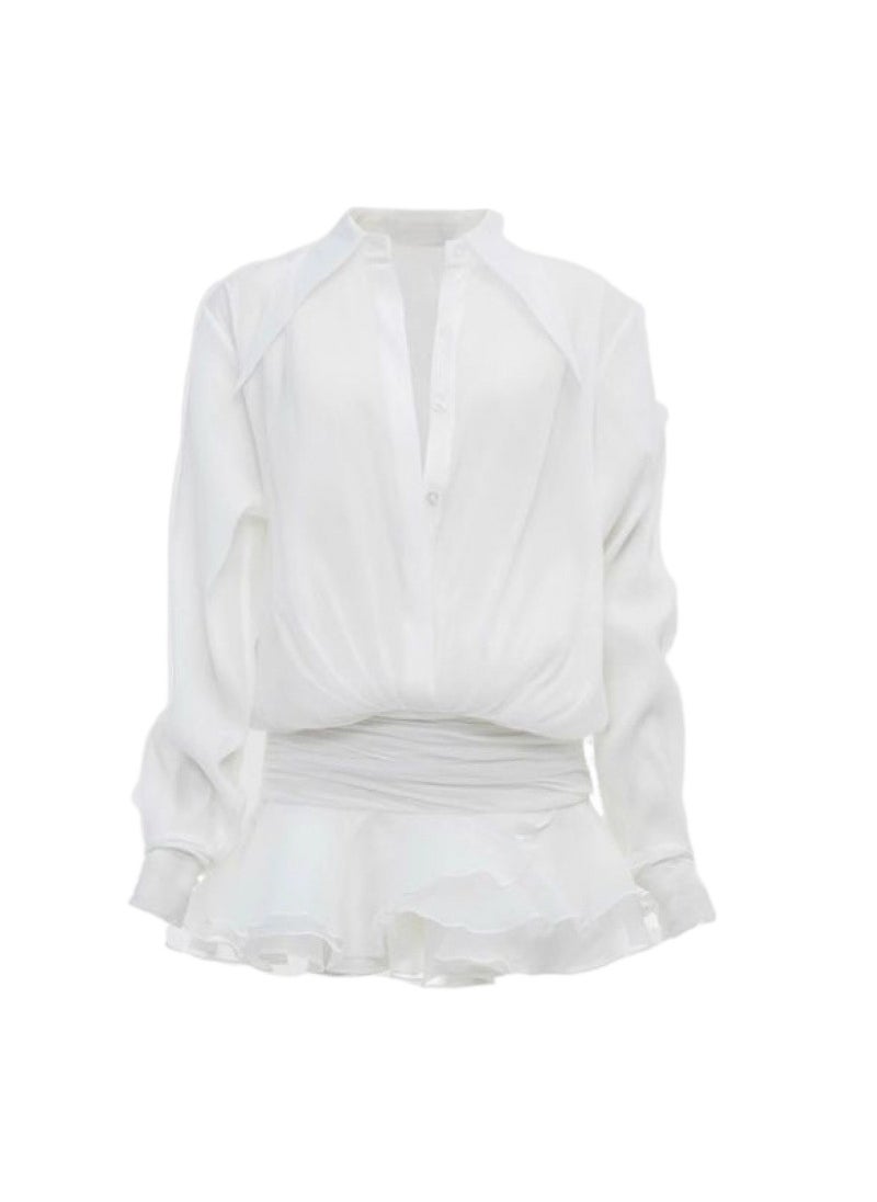 Generic - French Chic Ruffle Hem Shirt-Dress for Women gray blue - Image 1
