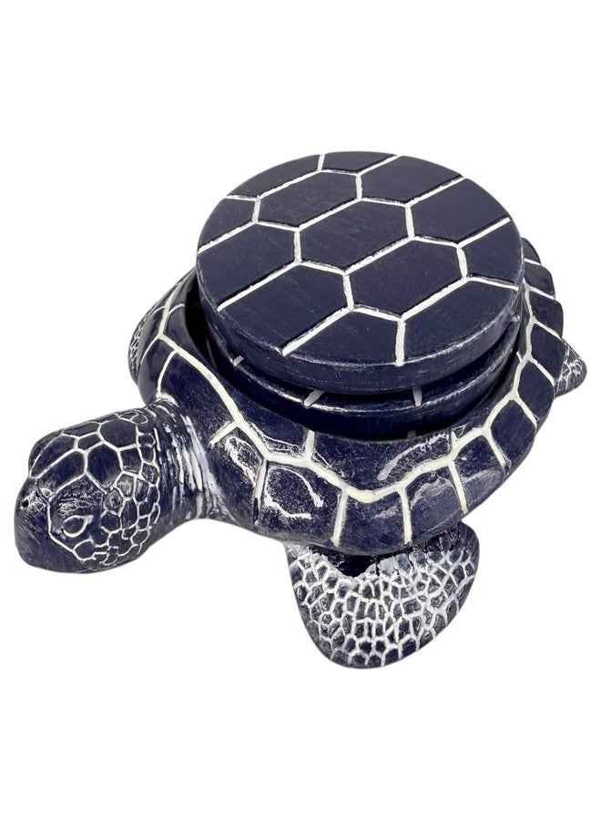 Top Brass Sea Turtle Coaster Set - Coastal Ocean Beach Decor - Rustic Nautical Navy Blue and White Finish - Image 1