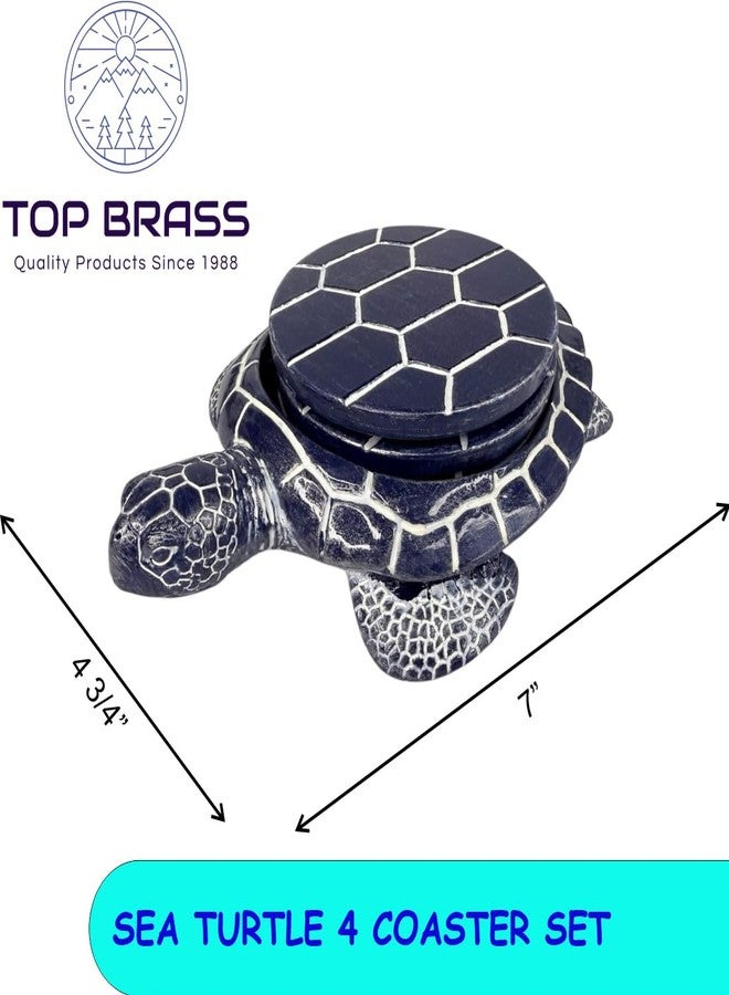 Top Brass Sea Turtle Coaster Set - Coastal Ocean Beach Decor - Rustic Nautical Navy Blue and White Finish - Image 3