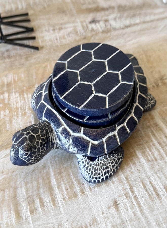 Top Brass Sea Turtle Coaster Set - Coastal Ocean Beach Decor - Rustic Nautical Navy Blue and White Finish - Image 2