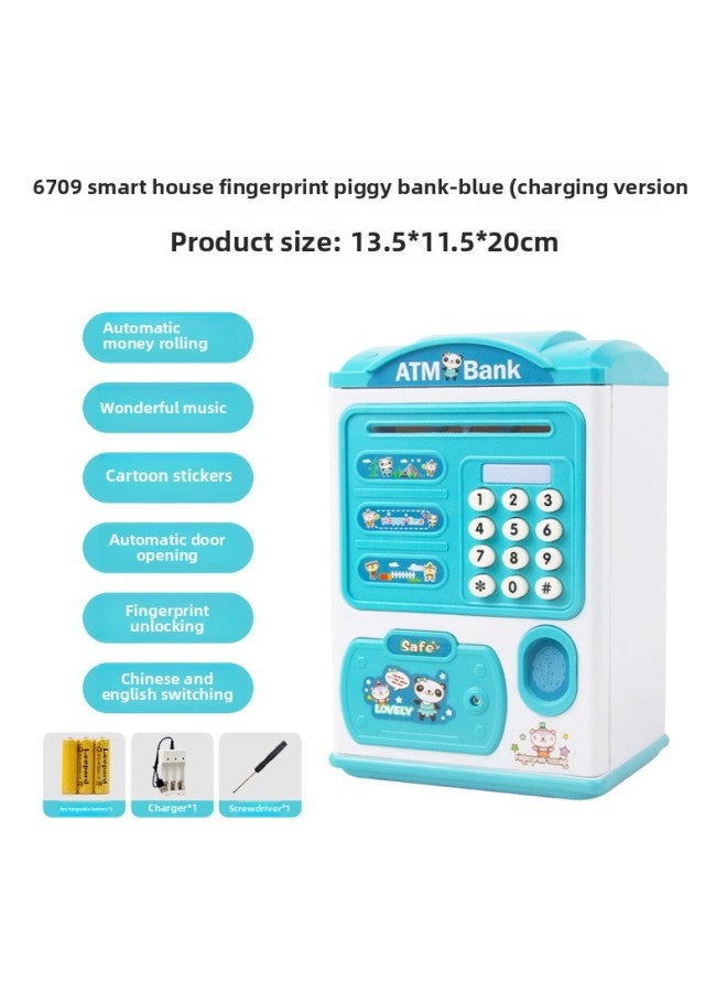 Children's Simulation Password Fingerprint Induction Unlocking Piggy Bank Electric Sound And Light Automatic Money Rolling Safe Toy-Color:Cartoon Fingerprint Unlock Piggy Bank [blue]-rechargeable Battery Version - Image 1
