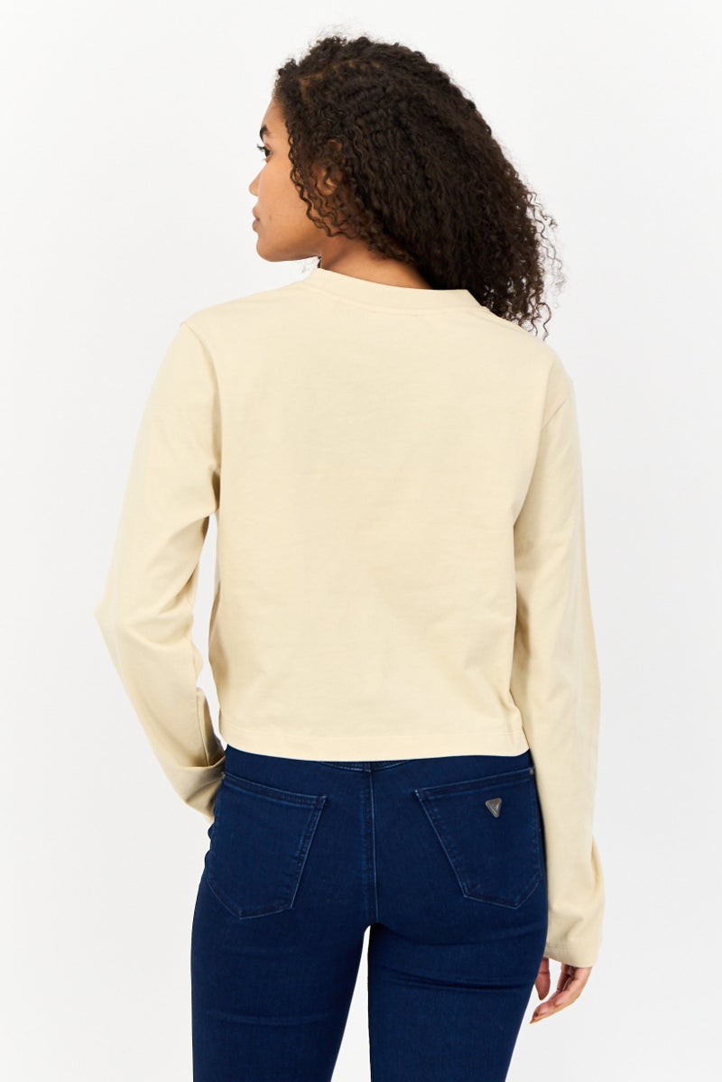 ESPRIT Women Crew Neck Long Sleeve Brand Logo Top, Beige - Image 2