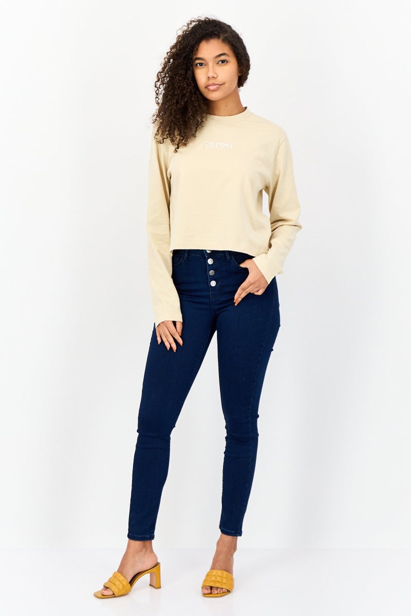 ESPRIT Women Crew Neck Long Sleeve Brand Logo Top, Beige - Image 3