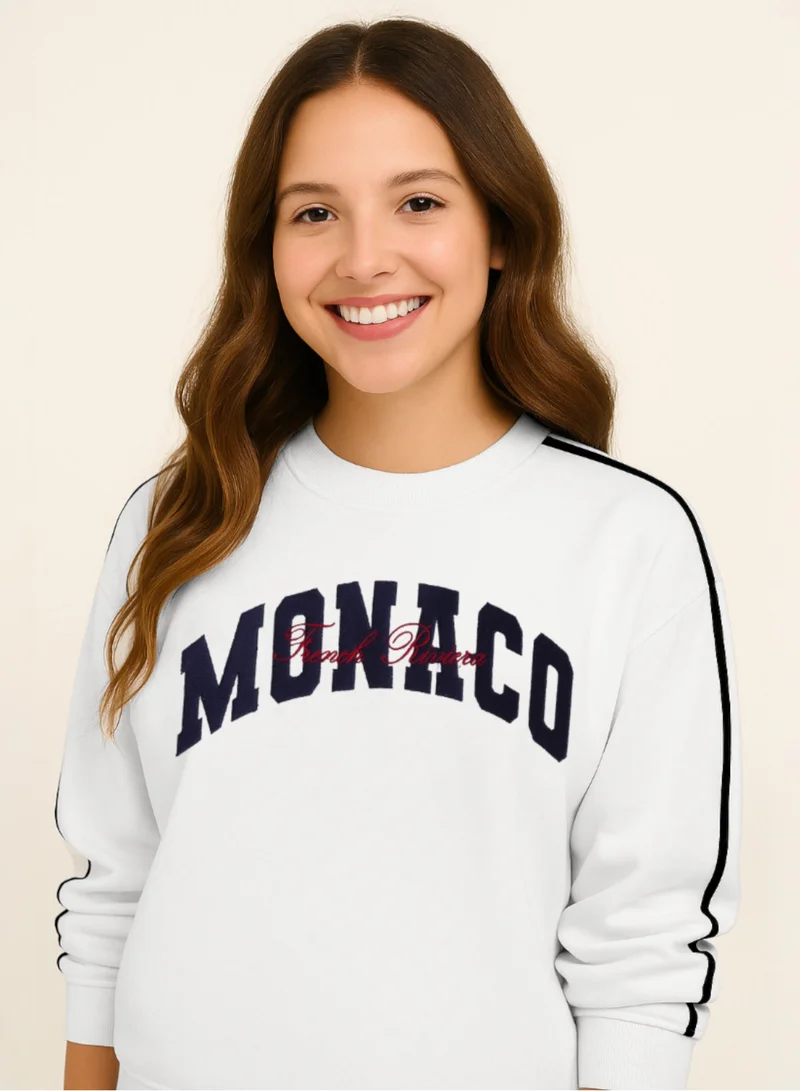 victor and jane “Monaco” Ladies' Varsity Sweatshirt – Off-White | 100% Cotton Fleece |