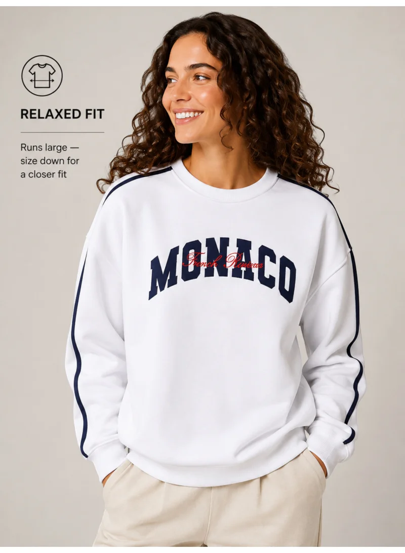 Victor And Jane “Monaco” Ladies' Varsity Sweatshirt – Off-White | 100% Cotton Fleece |