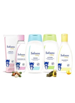 Softsens Daily Baby Skincare Essentials Kit ; Moisturizing Cream Massage Oil Tearfree Baby Wash + Shampoo Lotion ; Safe Naturallyenriched & Parabenfree  - Image 1