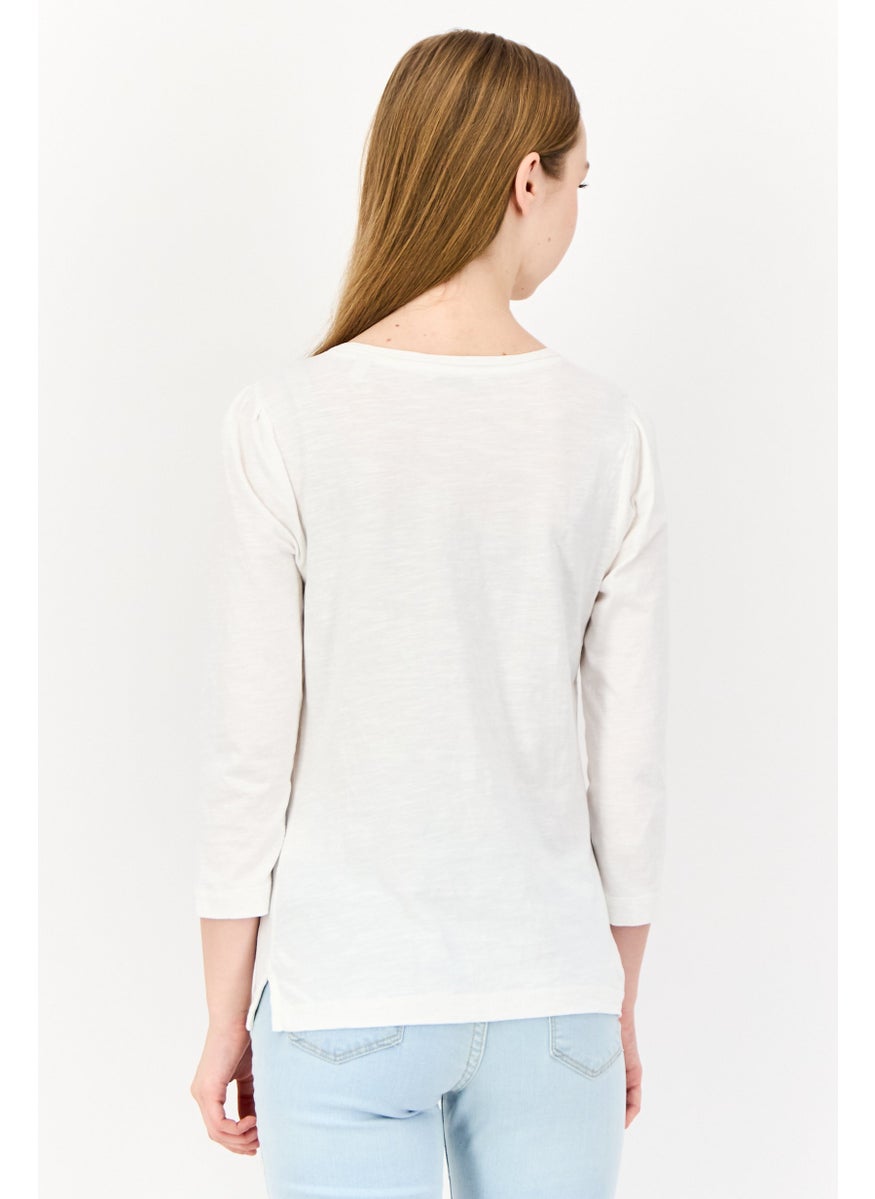 ESPRIT Women Round Neck Long Sleeves Solid T-Shirt, White  - Image 4