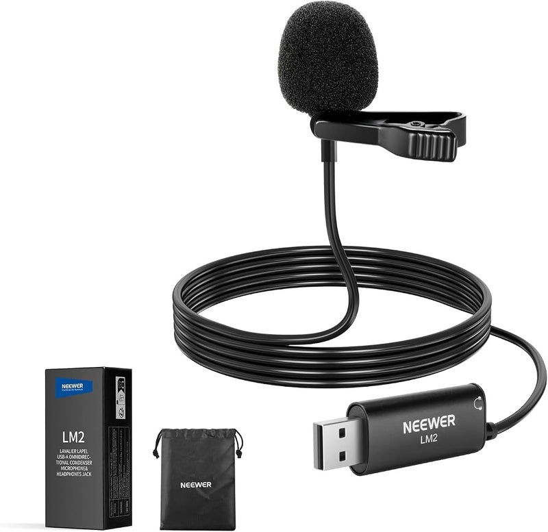 Neewer USB Lapel Microphone, Plug & Play Mini Omnidirectional Clip On Lavalier Mic with 3.5mm Monitoring Headphones Jack for USB 2.0 Mac Windows PC Laptop Computer YouTube Skype Podcast Gaming, LM2 - Image 1