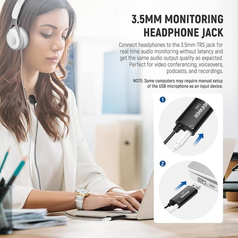 Neewer USB Lapel Microphone, Plug & Play Mini Omnidirectional Clip On Lavalier Mic with 3.5mm Monitoring Headphones Jack for USB 2.0 Mac Windows PC Laptop Computer YouTube Skype Podcast Gaming, LM2 - Image 2