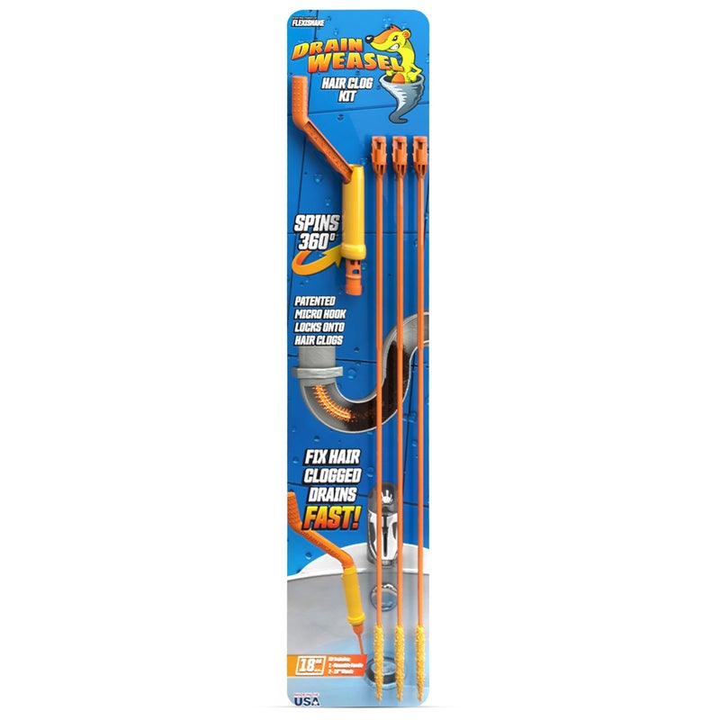 FlexiSnake Drain Weasel Sink Snake Hair Clog Remover Tool Kit, Sink, Pipe, Bathroom, Bathtub Drain Cleaner, 18-inch Long, Flexible, Made in The USA, 3 Pack Wand Refills and Removable Handle - Image 1