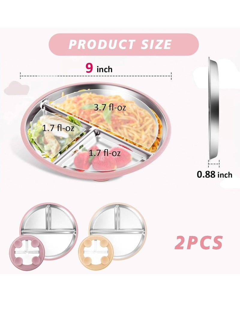 iMissiu Stainless Steel Baby Plates with Suction Cup 2 Pack Divided Kids Plates Non-Slip Unbreakable with Removable Silicone Cover Pink and Cream Beige for Everyday Use - Image 5