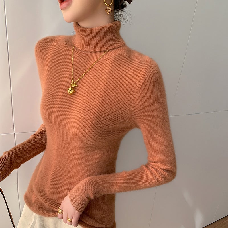 Seamless One-Line Ready-To-Wear Turtleneck Pure Color Knitwear Womens Autumn and Winter Slim Knitwear Bottoming Shirt Top with Coat Pumpkin brown