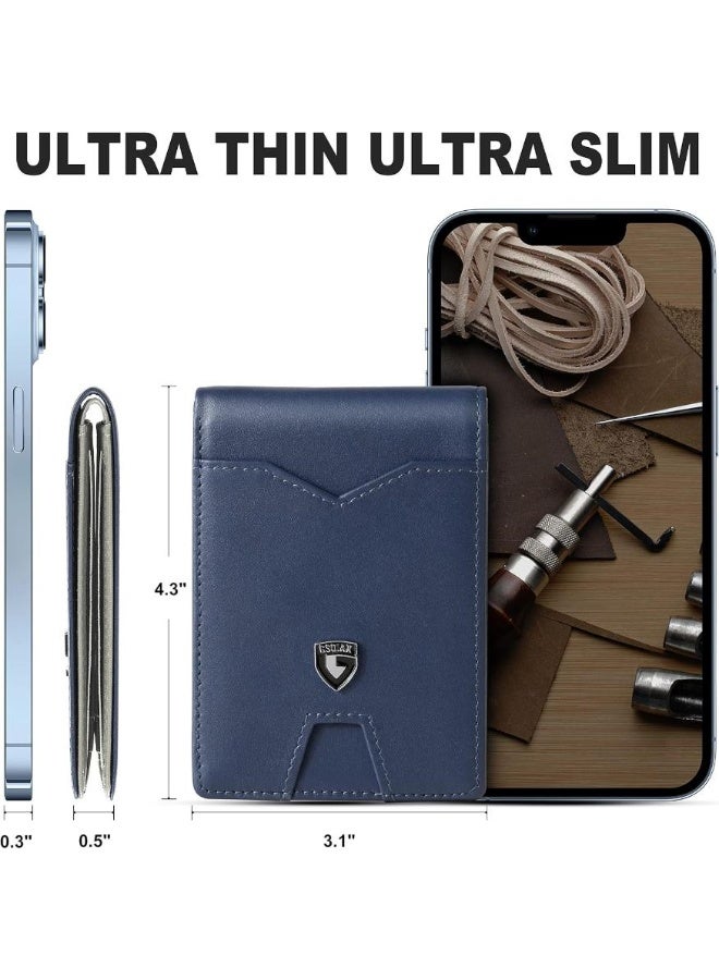 GSOIAX Mens Slim Wallet for Men Minimalist Genuine Leather Carbon Fiber Rfid Blocking Bifold Credit Card Holder With Gift Box (Dark Blue and Beige) - Image 4