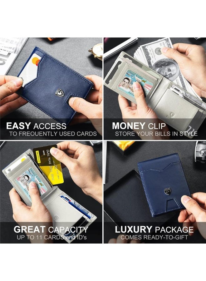 GSOIAX Mens Slim Wallet for Men Minimalist Genuine Leather Carbon Fiber Rfid Blocking Bifold Credit Card Holder With Gift Box (Dark Blue and Beige) - Image 3