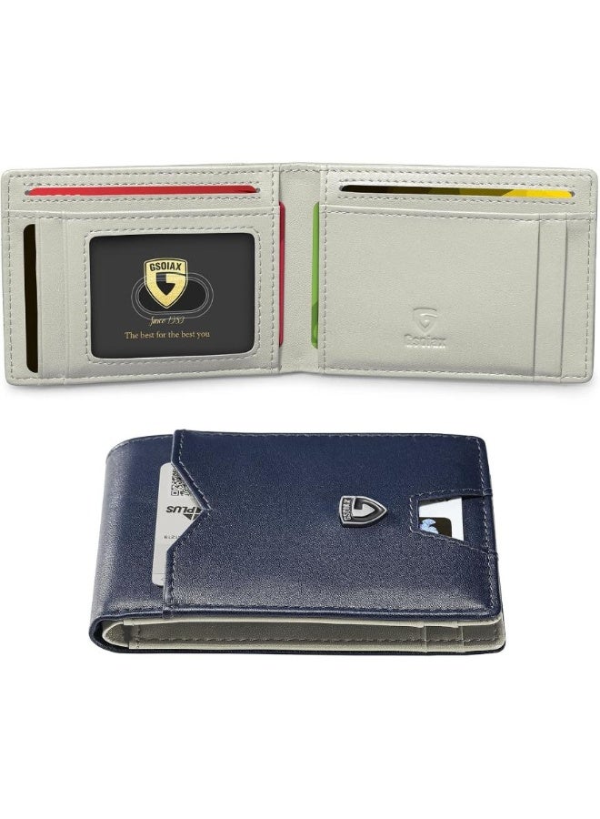 GSOIAX Mens Slim Wallet for Men Minimalist Genuine Leather Carbon Fiber Rfid Blocking Bifold Credit Card Holder With Gift Box (Dark Blue and Beige) - Image 1