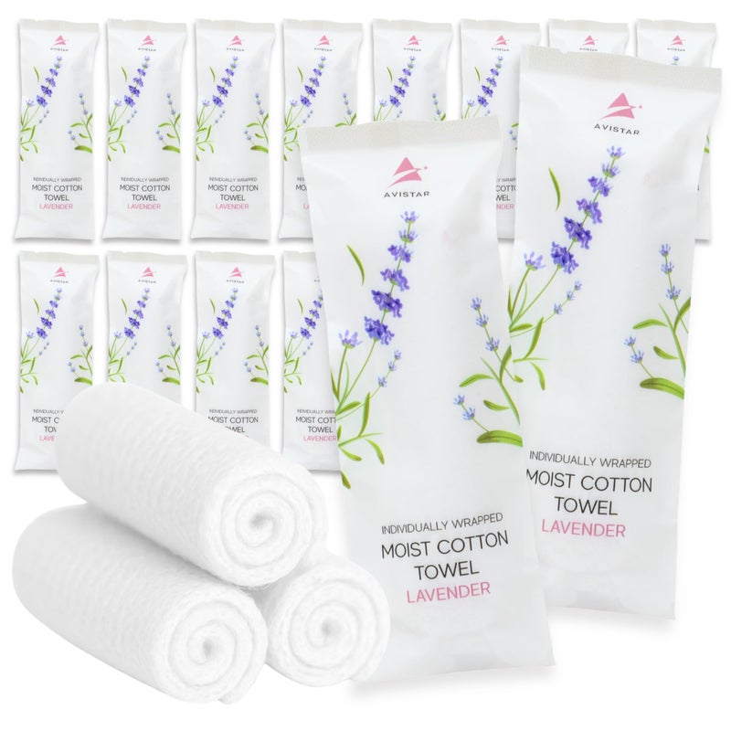 Avistar 30 Hot or Cold Wrapped Moist Towels â€“ 9'' x 9" Moist Towelettes Individually Wrapped Scented Disposable Face & Hand â€“ Pre-Moistened Hand Wipes Soft Refreshing for Travel, Spa, Restaurant - Lavender - Image 1