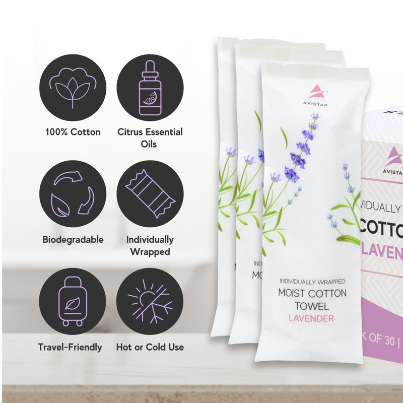 Avistar 30 Hot or Cold Wrapped Moist Towels â€“ 9'' x 9" Moist Towelettes Individually Wrapped Scented Disposable Face & Hand â€“ Pre-Moistened Hand Wipes Soft Refreshing for Travel, Spa, Restaurant - Lavender - Image 2