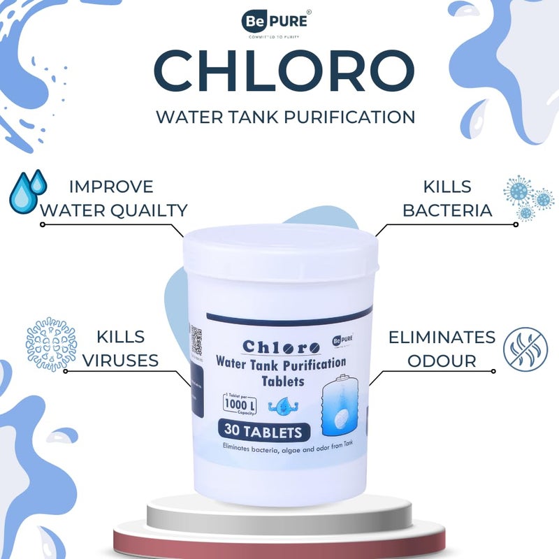 BePURE كلور 1000 | أقراص كلور لتنقية المياه لخزان المياه | عبوة تحتوي على 30 قرص | يقضي على البكتيريا والطحالب والرائحة من خزان المياه | 30 قرص لـ 30000 لتر - Image 4
