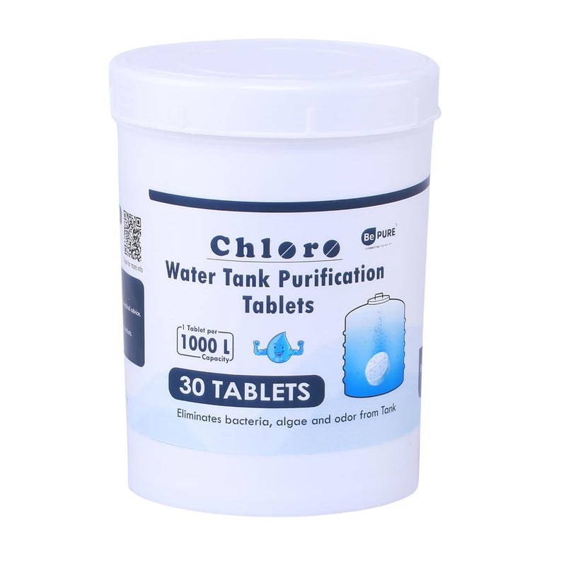 BePURE كلور 1000 | أقراص كلور لتنقية المياه لخزان المياه | عبوة تحتوي على 30 قرص | يقضي على البكتيريا والطحالب والرائحة من خزان المياه | 30 قرص لـ 30000 لتر - Image 1