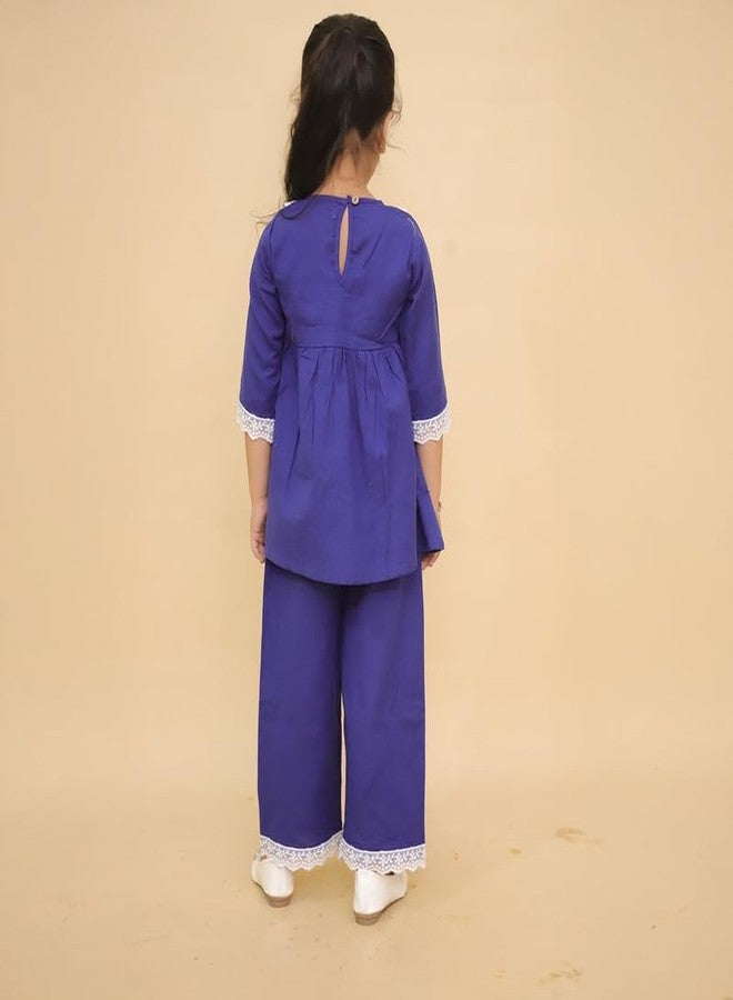 LITTLE GINNIE بدلة سالوار قطنية لفتاة صغيرة 4-5 سنوات - فستان تقليدي باللون الأزرق البحري، مجموعة تنسيق تقليدية للأطفال - Image 2