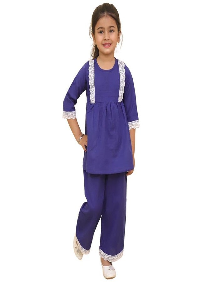 LITTLE GINNIE بدلة سالوار قطنية لفتاة صغيرة 4-5 سنوات - فستان تقليدي باللون الأزرق البحري، مجموعة تنسيق تقليدية للأطفال - Image 1