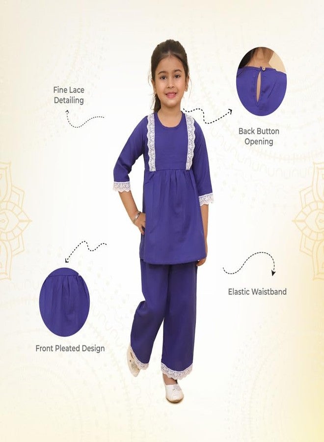 LITTLE GINNIE بدلة سالوار قطنية لفتاة صغيرة 4-5 سنوات - فستان تقليدي باللون الأزرق البحري، مجموعة تنسيق تقليدية للأطفال - Image 4