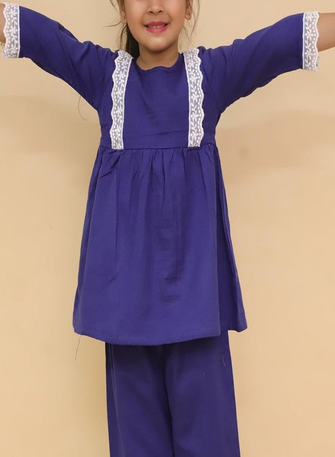 LITTLE GINNIE بدلة سالوار قطنية لفتاة صغيرة 4-5 سنوات - فستان تقليدي باللون الأزرق البحري، مجموعة تنسيق تقليدية للأطفال - Image 3