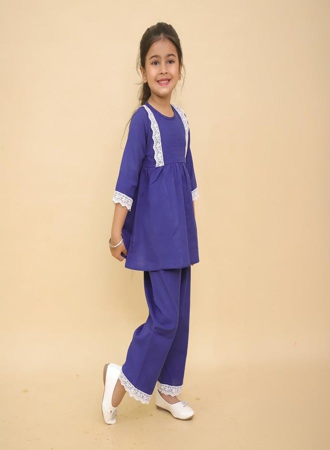 LITTLE GINNIE بدلة سالوار قطنية لفتاة صغيرة 4-5 سنوات - فستان تقليدي باللون الأزرق البحري، مجموعة تنسيق تقليدية للأطفال - Image 5