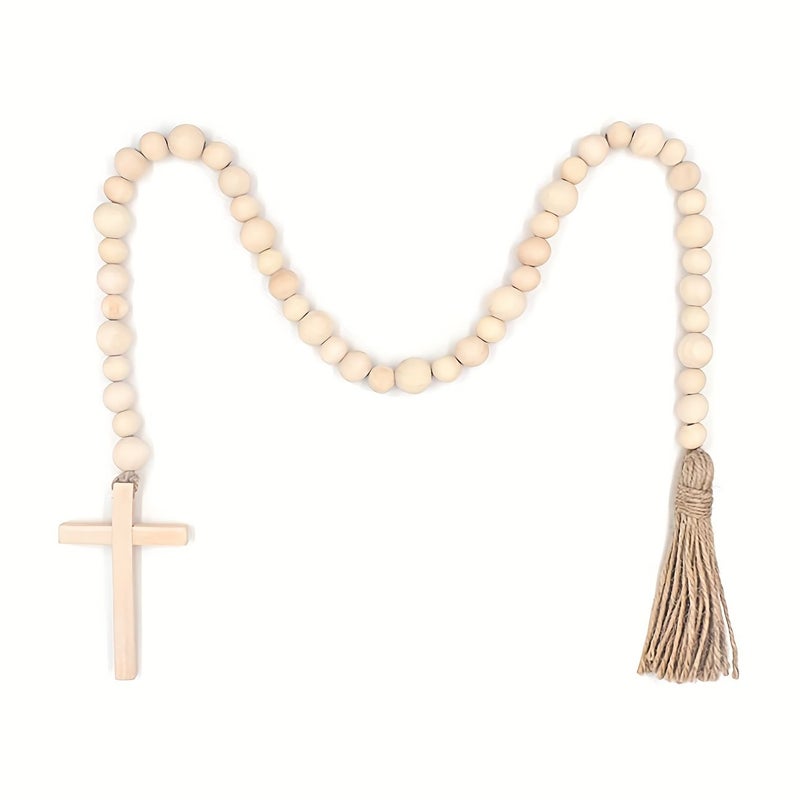 Handcrafted Wooden Cross L075 Tassel Hanging Decoration for Home Window Holiday - Image 1