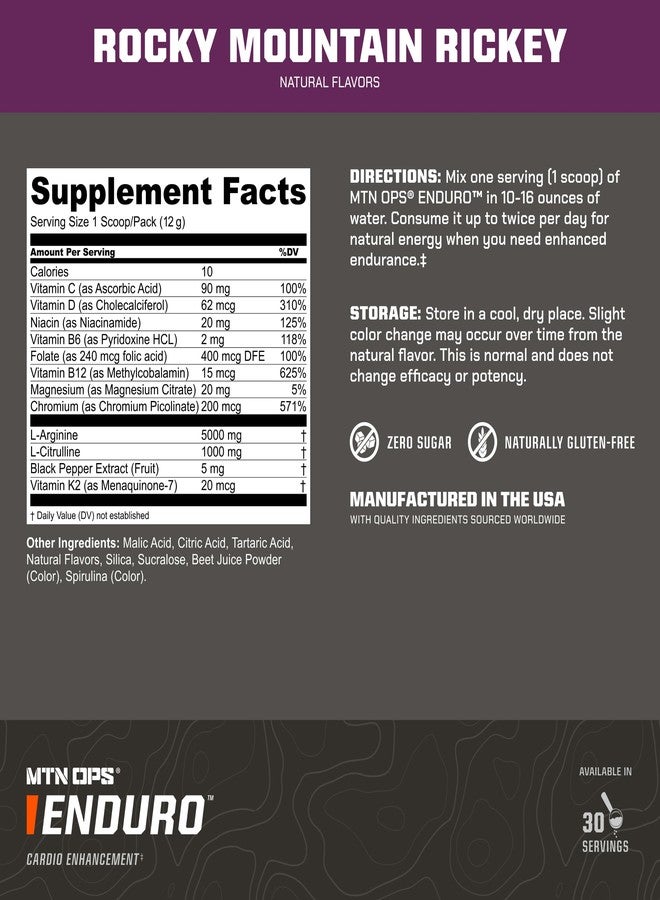 MTN OPS Enduro Nitric Oxide Pre Workout Powder Zero Sugar Stimulant Free Preworkout Caffeine Free with L Arginine L Citrulline Pump Formula 30 Servings Rocky Mountain Rickey - Image 3