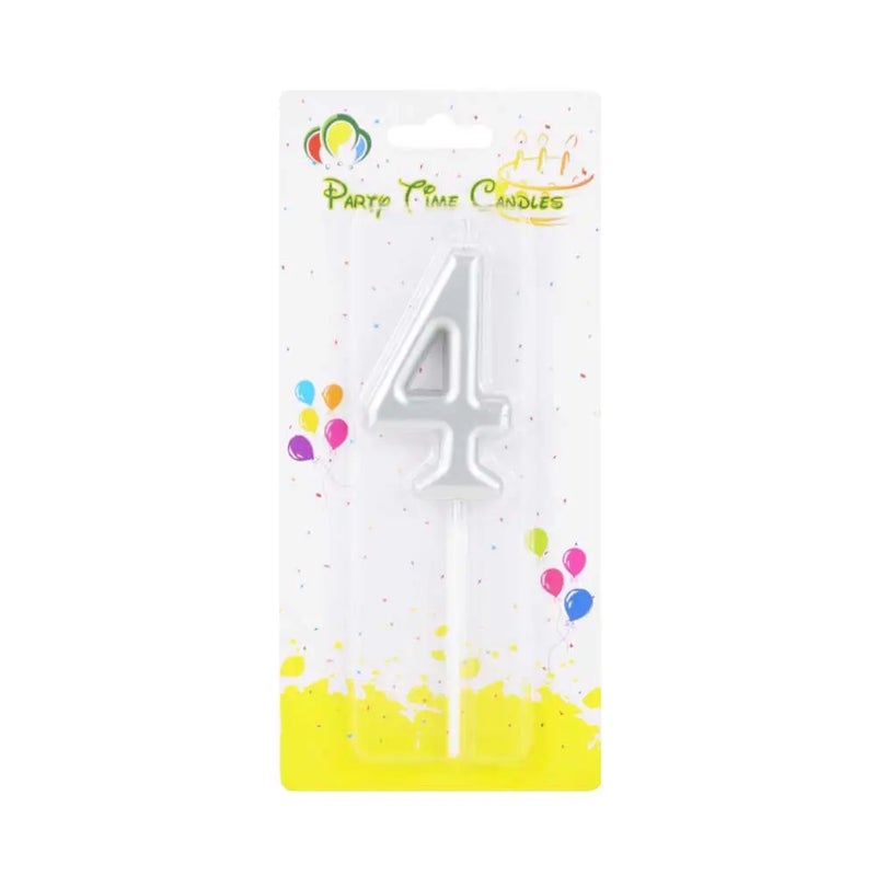 Party Time Numeral Matte Candles Cake Topper Decoration with 4 Number- Silver Color