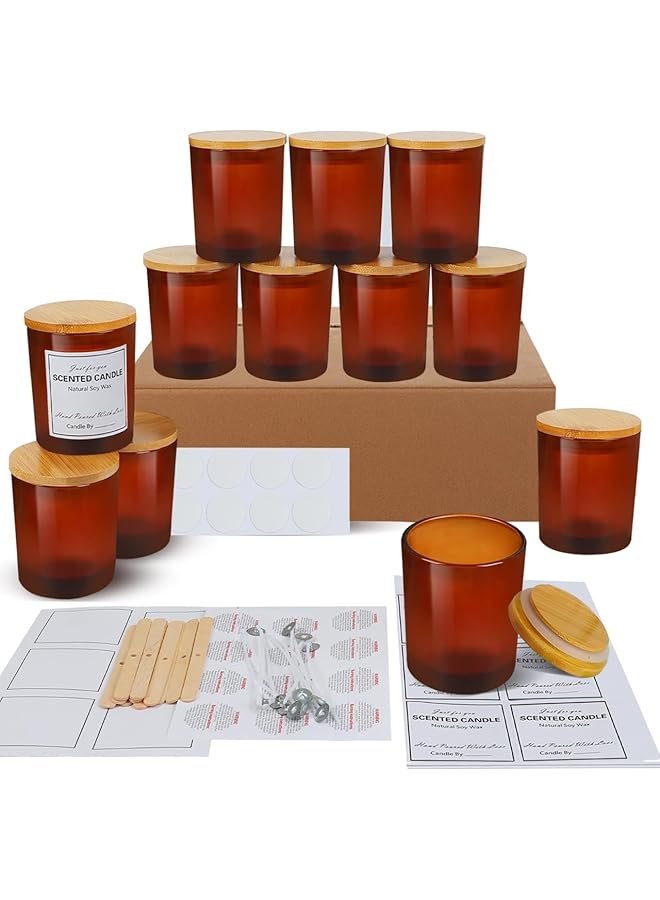 The Bros 12 Pack 8oz Brown Glass Candle Jars with Bamboo Lids – Complete DIY Candle Making Kit with Wicks, Wick Stickers, Wick Holders & 2 Sets of Labels (Custom & Blank) for Candle Crafting - Image 1