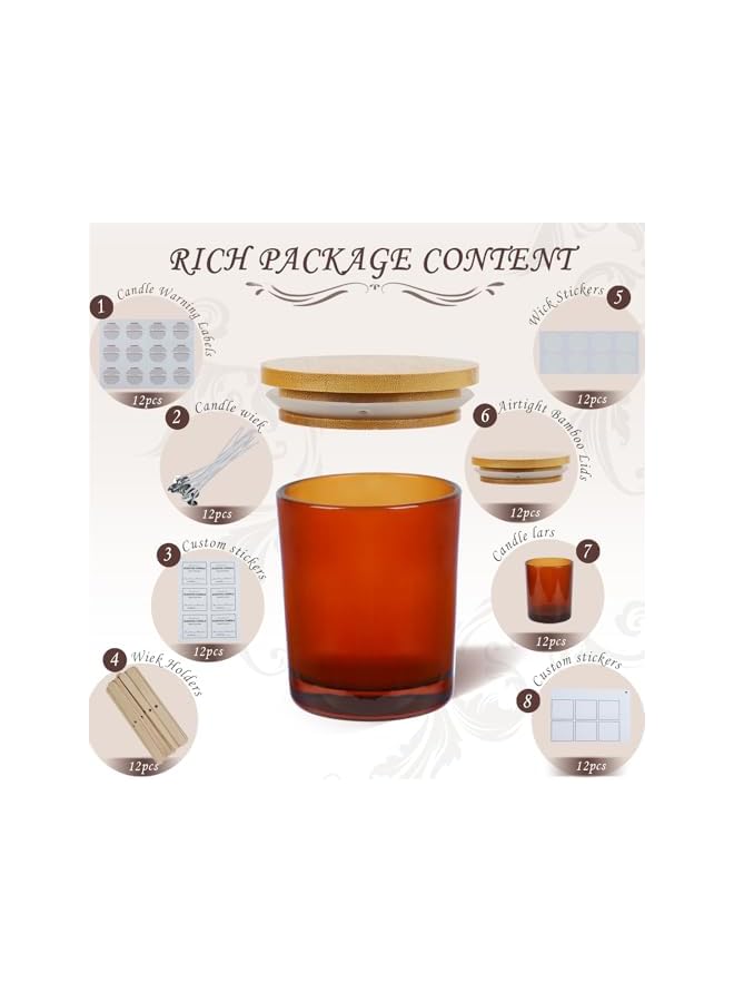 The Bros 12 Pack 8oz Brown Glass Candle Jars with Bamboo Lids – Complete DIY Candle Making Kit with Wicks, Wick Stickers, Wick Holders & 2 Sets of Labels (Custom & Blank) for Candle Crafting - Image 3