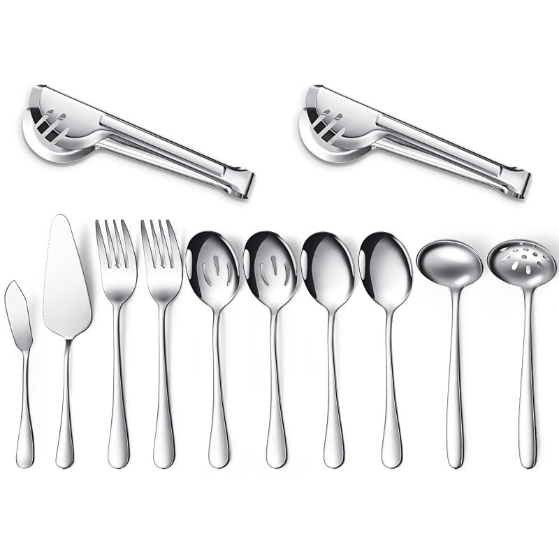 Patelai Serving Utensils Set Include Large Spoons Slotted Spoons Forks Tongs Soup Ladle and Pie Server Buffet Catering for Dishwasher SafeSilver12 Pieces