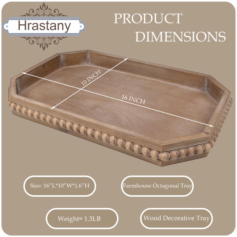 Hrastany Wood Rustic Serving Tray with Beads, Farmhouse Brown Decorative Tray for Table Centerpiece, Christmas Wedding Halloween Home Decor - Image 2