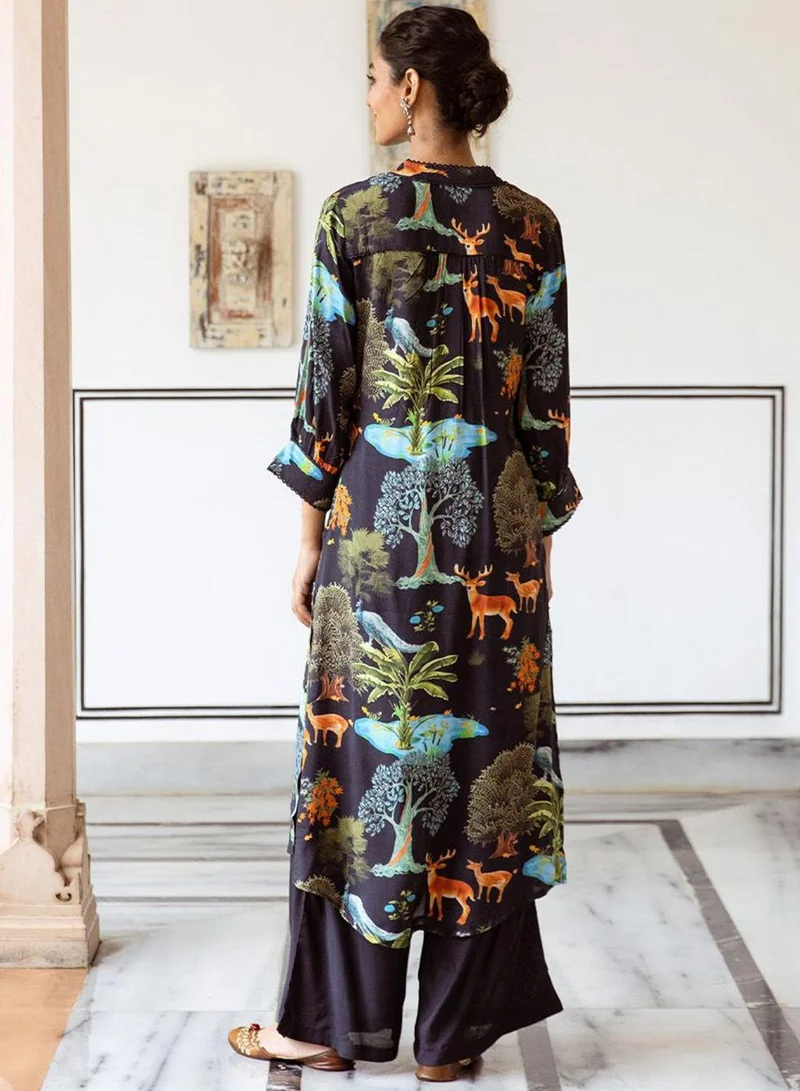 ISHIN  Women's Black Viscose Blend Printed Tunic Full Length Palazzo Straight Fit Kurta Set for Women | Best Price UAE