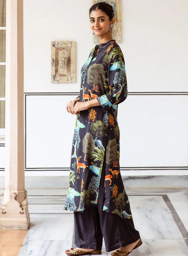 ISHIN  Women's Black Viscose Blend Printed Tunic Full Length Palazzo Straight Fit Kurta Set for Women | Best Price UAE
