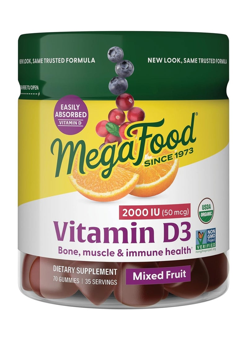 MegaFood - MegaFood Vitamin D3 2000 IU (50 mcg)-D3 Gummies- Bone, Muscle & Immune Support Supplement - USDA Organic, Non-GMO, Mixed Fruit, 70 Gummies 35 Servings - Image 1