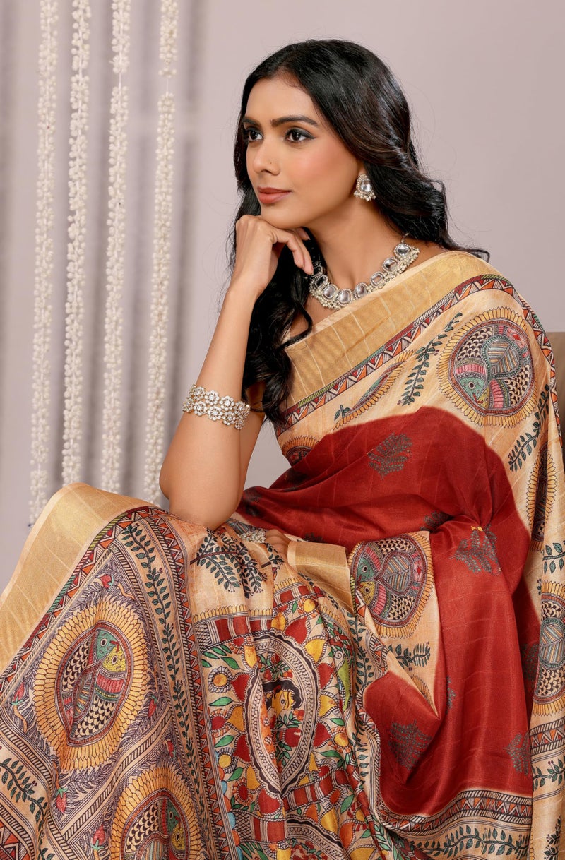Janasya Women's Maroon Chanderi Silk Ethnic Print Printed Printed Saree with Blouse Piece - Image 2
