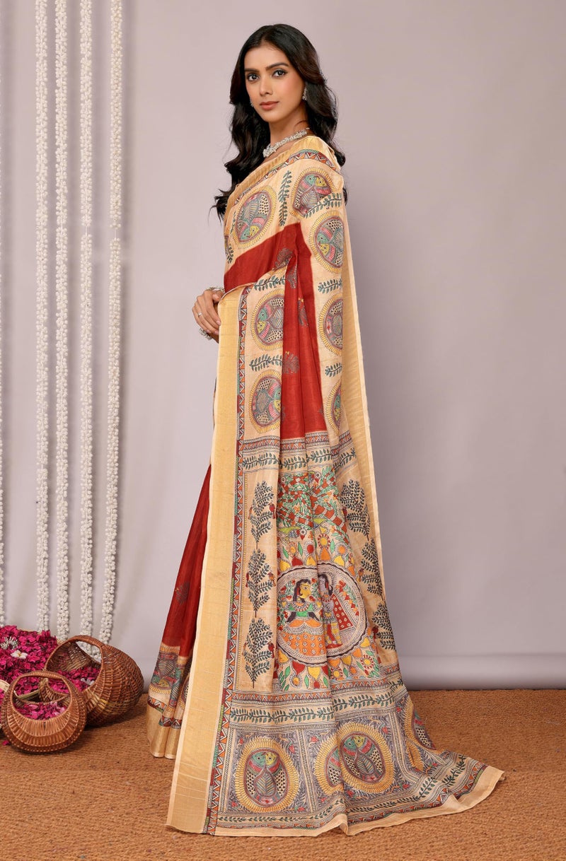 Janasya Women's Maroon Chanderi Silk Ethnic Print Printed Printed Saree with Blouse Piece - Image 3