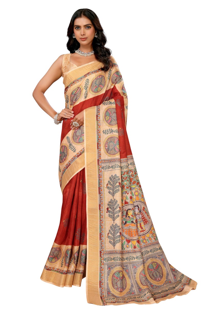 Janasya Women's Maroon Chanderi Silk Ethnic Print Printed Printed Saree with Blouse Piece - Image 1