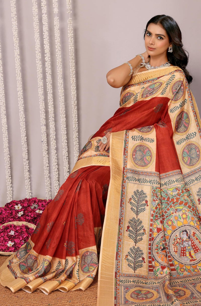 Janasya Women's Maroon Chanderi Silk Ethnic Print Printed Printed Saree with Blouse Piece - Image 5