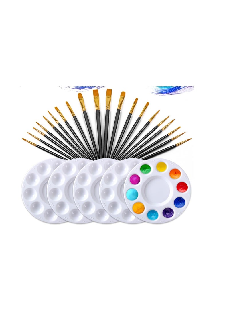 Paint Brushes Palettes Set , 2 Packs/20pcs Round Pointed Tip Nylon Hair Brushes with 5 Paint Trays for Acrylic Watercolor Oil Gouache Tempera and Body Painting (Black) - Image 2