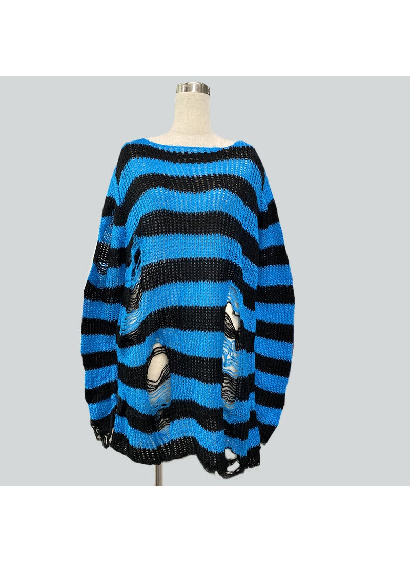 Generic Mohair new European and American Foreign trade loose striped sweater Women's Mid-length pullover ripped thin wool sweater  - Image 1