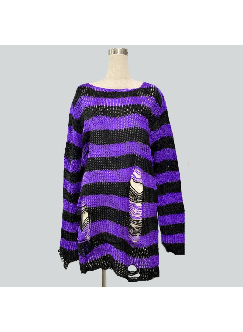 Generic Mohair new European and American Foreign trade loose striped sweater Women's Mid-length pullover ripped thin wool sweater  - Image 5