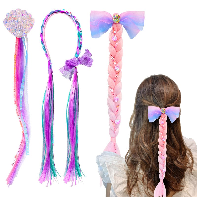 PinkSheep مشبك شعر حورية البحر للفتاة والأطفال 3 عبوات شعر مزيف مشابك شعر باروكات قوس قزح