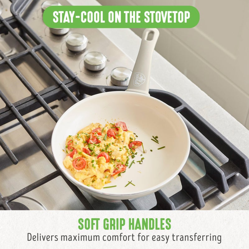 GreenLife مجموعة أواني الطهي للإفطار من GreenLife Soft Grip 8" مقلاة ومقلاة مسطحة، مع ملعقة سيليكون بمقبض من الخيزران، خالية من PFAS، طبقة غير لاصقة من السيراميك، مناسبة للبيض والأومليت واللحم المقدد، قابلة للغسل في غسالة الصحون، مقابض تبقى باردة، باللون الكريمي - Image 4