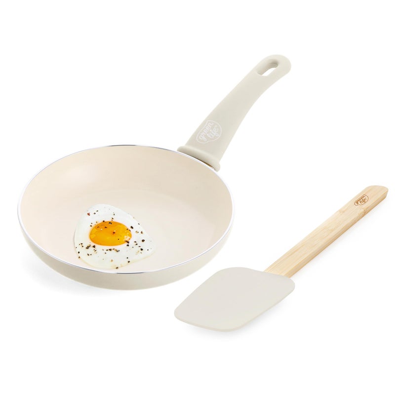 GreenLife مجموعة أواني الطهي للإفطار من GreenLife Soft Grip 8" مقلاة ومقلاة مسطحة، مع ملعقة سيليكون بمقبض من الخيزران، خالية من PFAS، طبقة غير لاصقة من السيراميك، مناسبة للبيض والأومليت واللحم المقدد، قابلة للغسل في غسالة الصحون، مقابض تبقى باردة، باللون الكريمي - Image 1