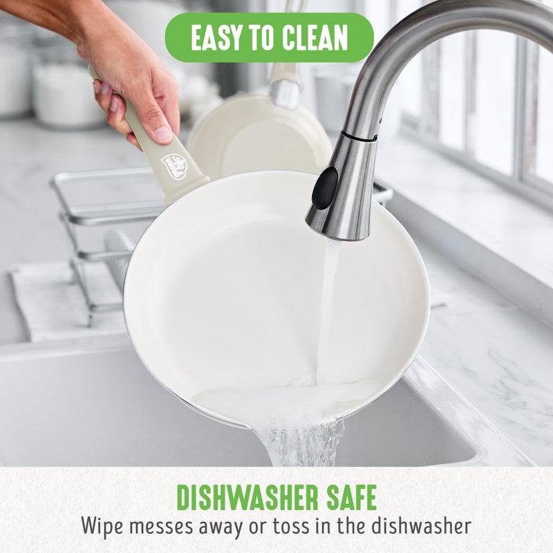 GreenLife مجموعة أواني الطهي للإفطار من GreenLife Soft Grip 8" مقلاة ومقلاة مسطحة، مع ملعقة سيليكون بمقبض من الخيزران، خالية من PFAS، طبقة غير لاصقة من السيراميك، مناسبة للبيض والأومليت واللحم المقدد، قابلة للغسل في غسالة الصحون، مقابض تبقى باردة، باللون الكريمي - Image 3