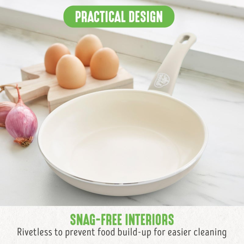 GreenLife مجموعة أواني الطهي للإفطار من GreenLife Soft Grip 8" مقلاة ومقلاة مسطحة، مع ملعقة سيليكون بمقبض من الخيزران، خالية من PFAS، طبقة غير لاصقة من السيراميك، مناسبة للبيض والأومليت واللحم المقدد، قابلة للغسل في غسالة الصحون، مقابض تبقى باردة، باللون الكريمي - Image 5